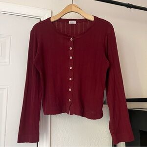 LESET cotton magenta maroon burgundy red button up long sleeve knit top